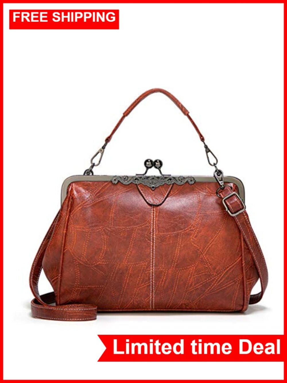 Women Retro Oil Wax PU Leather Handbag Kiss Lock Crossbody Vintage Messenger
